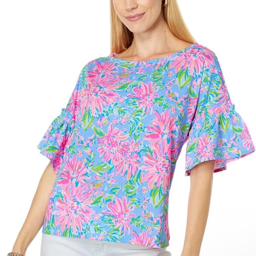 Lilly Pulitzer Ziva Ruffle Sleeve Floral Top - Blue Peri Sunrise Bay - Small